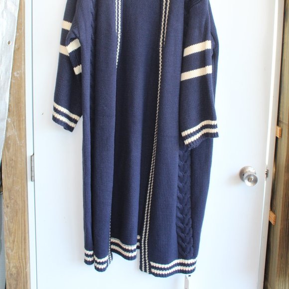 Buddha Trends Navy w/ White Stripes Long Open Front Knit Stitch Sweater Jacket - Picture 2 of 4